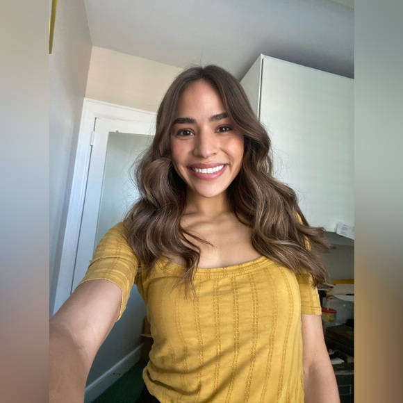 Anthropologie Pilcro Pointelle Scoop Neck Tee mustard color - Picture 1 of 13